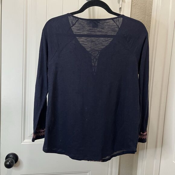 Lucky Brand Navy Blue Embroidered Boho Cottage Tassel Top Womens Size XS - Picture 6 of 7